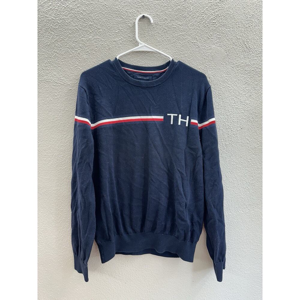 Tommy Hilfiger Mens Sweater Size Large Navy-Blue Long Sleeve Cotton TH Logo